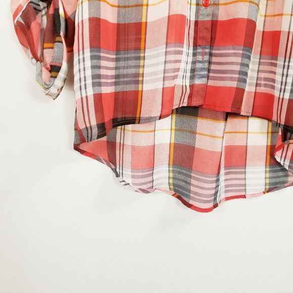 Tartan Plaid Sheer High Low Western Inspired Button Up Shirt - Picture 4 of 7